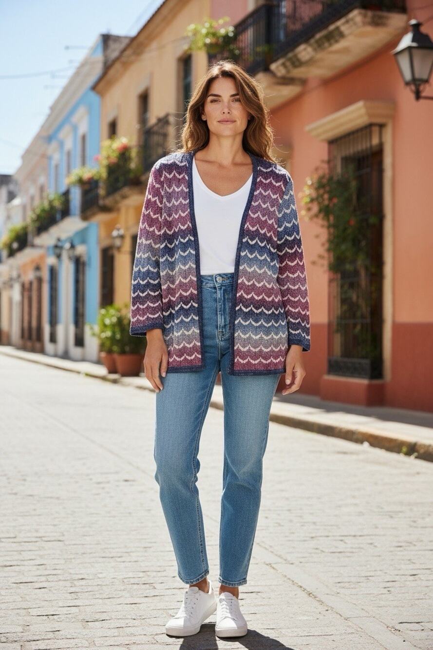 Alfred Dunner Knit Cardigan Mermaid Wave Pattern Pink Blue Granny Grandma Size L